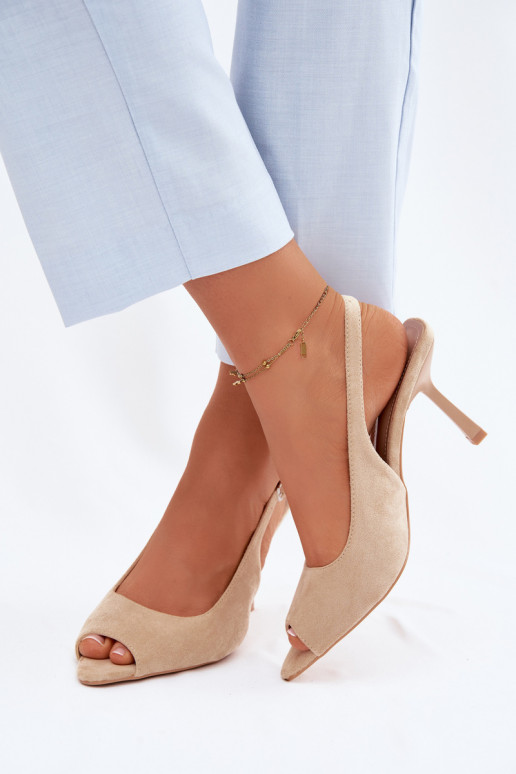 Dámske sandále s tenkými podpätkami z umelého semišu pieskové Sevina