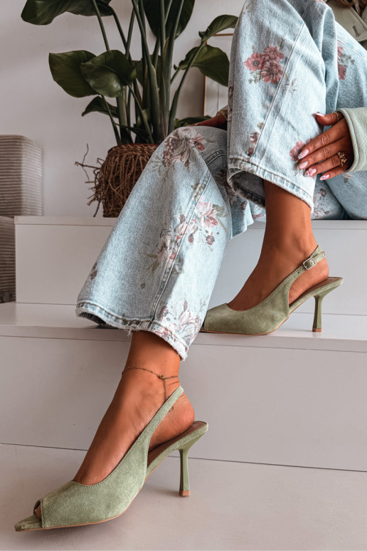 Dámske sandále s tenkými podpätkami z umelého semišu zelené Sevina