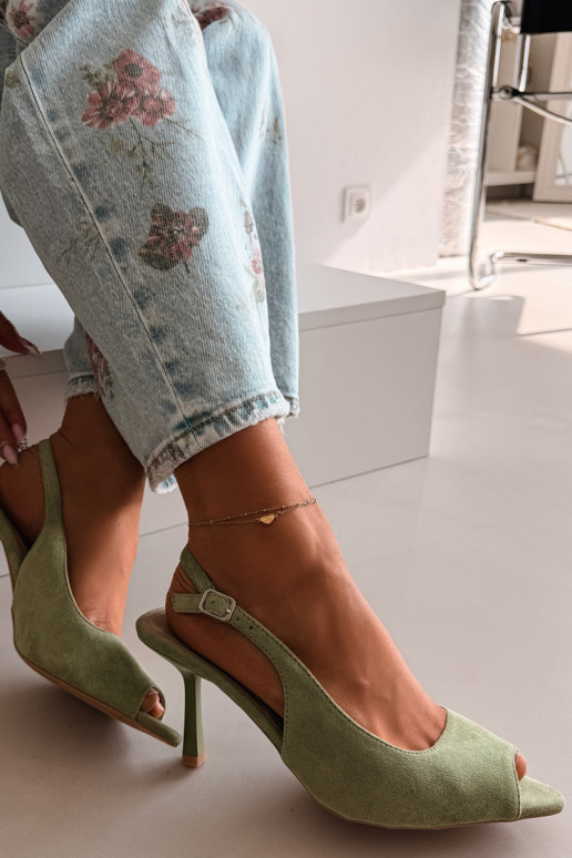 Dámske sandále s tenkými podpätkami z umelého semišu zelené Sevina