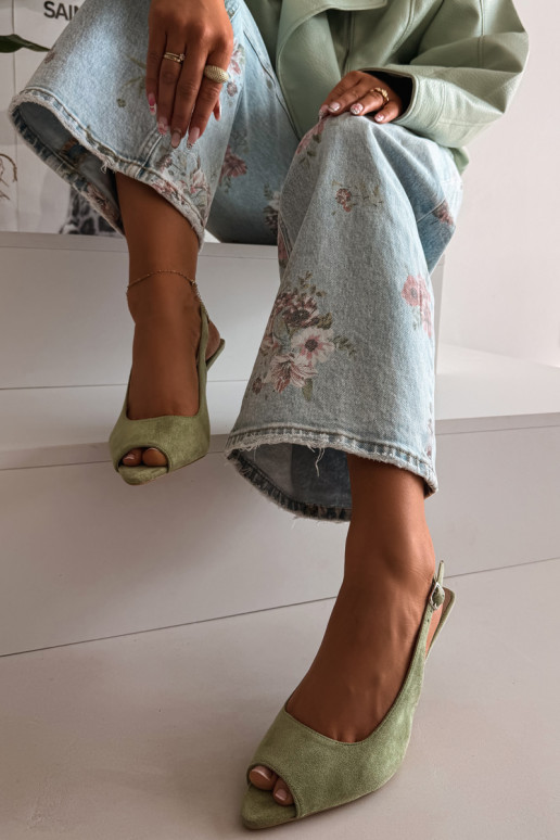 Dámske sandále s tenkými podpätkami z umelého semišu zelené Sevina