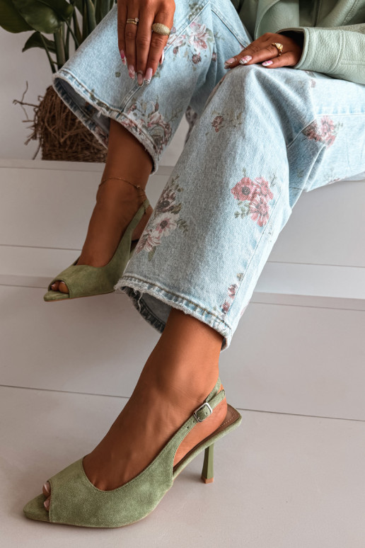 Dámske sandále s tenkými podpätkami z umelého semišu zelené Sevina