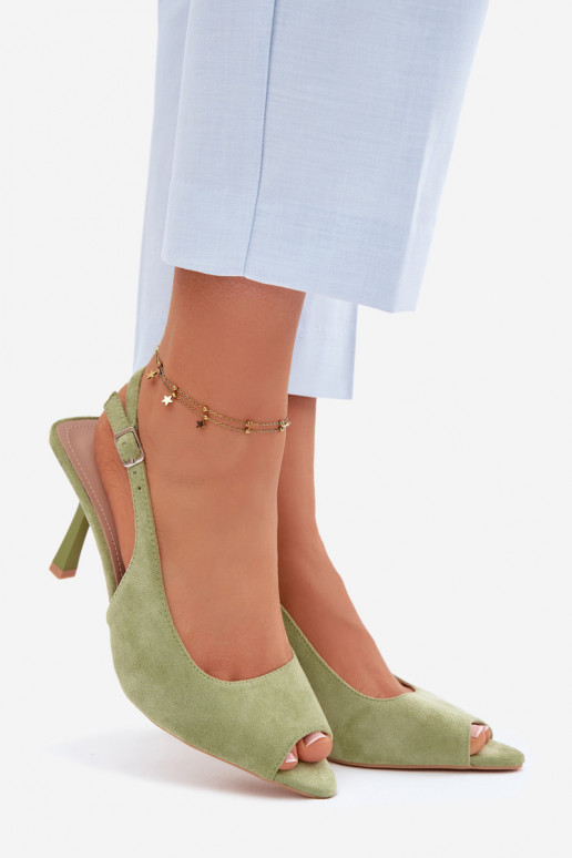 Dámske sandále s tenkými podpätkami z umelého semišu zelené Sevina