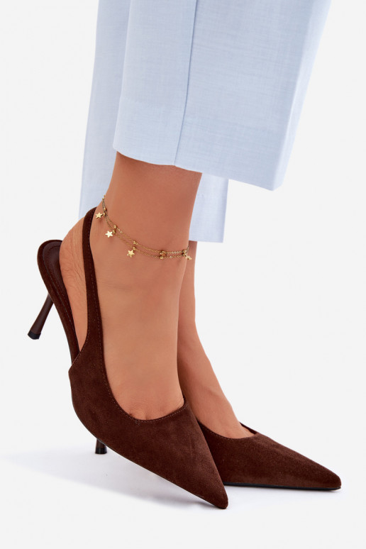 Dámske sandále s tenkými podpätkami z umelého semišu čokoládové Kevina