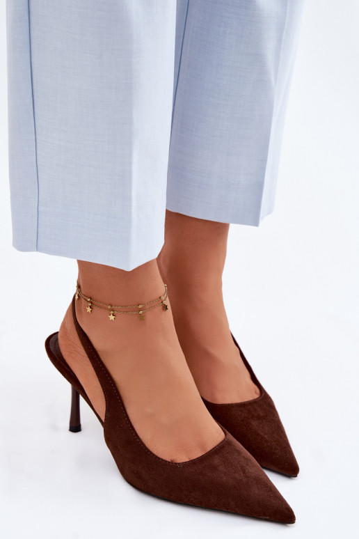 Dámske sandále s tenkými podpätkami z umelého semišu čokoládové Kevina