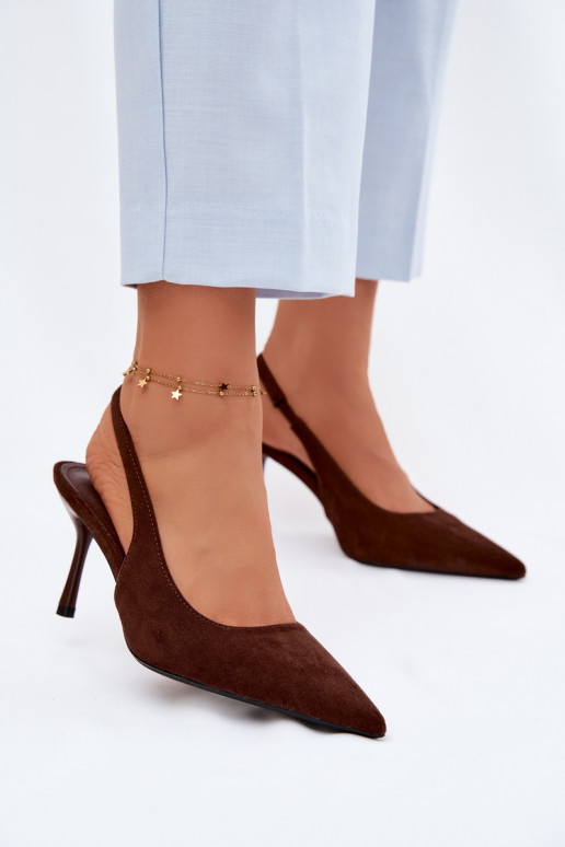 Dámske sandále s tenkými podpätkami z umelého semišu čokoládové Kevina