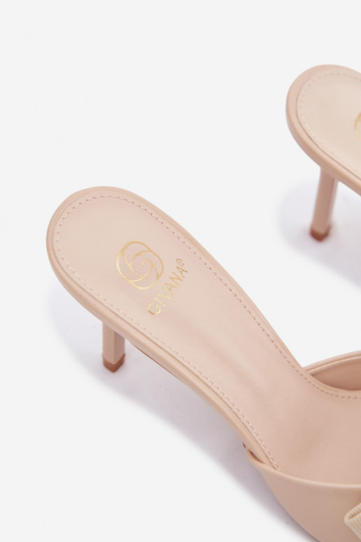 Dámske papuče s tenkými podpätkami a mašľami pieskovej farby Jelessa