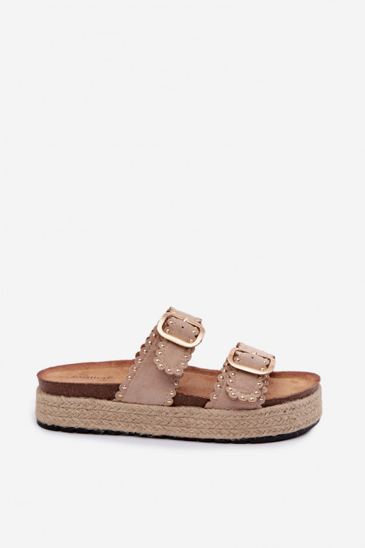 Dámske papuče s platformou S vrkočom zlatej farby s prackami I s nitmi béžová