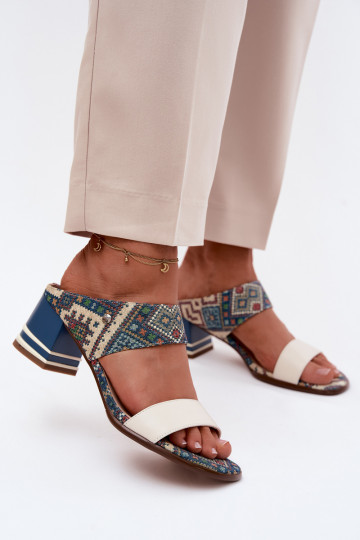 Kožené Vzorované Dámske papuče s podpätkami Máciejka K7522-04 béžová-Modrá