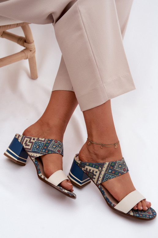Kožené Vzorované Dámske papuče s podpätkami Máciejka K7522-04 béžová-Modrá