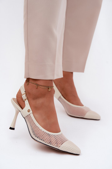 Kožené Prelamované sandále Topánky Dámske s tenkými podpätkami Máciejka K7507-22 slonovina 2