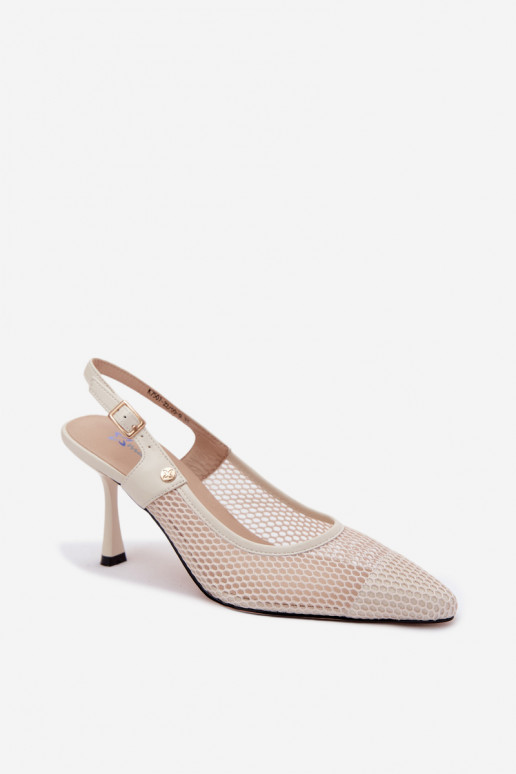 Kožené Prelamované sandále Topánky Dámske s tenkými podpätkami Máciejka K7507-22 slonovina