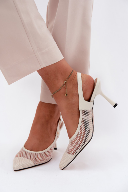 Kožené Prelamované sandále Topánky Dámske s tenkými podpätkami Máciejka K7507-22 slonovina