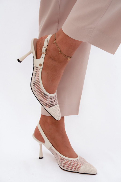 Kožené Prelamované sandále Topánky Dámske s tenkými podpätkami Máciejka K7507-22 slonovina