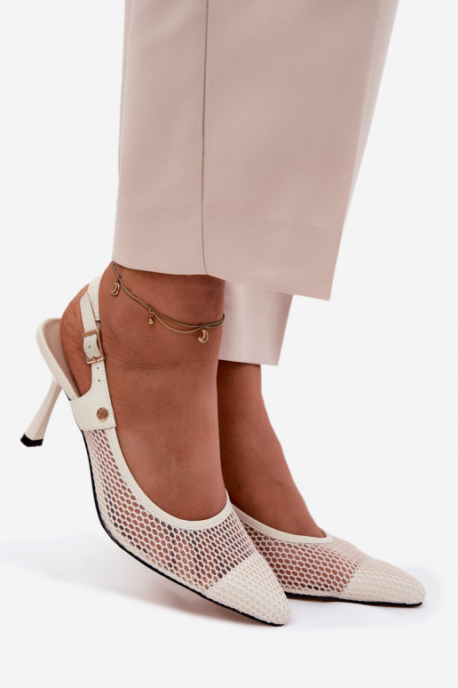 Kožené Prelamované sandále Topánky Dámske s tenkými podpätkami Máciejka K7507-22 slonovina