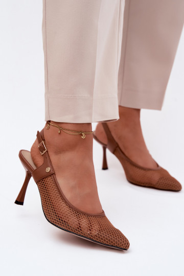 Kožené Prelamované sandále Topánky Dámske s tenkými podpätkami Máciejka K7507-29 Hnedá farba