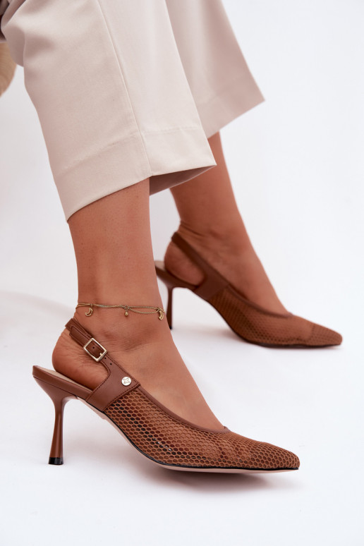 Kožené Prelamované sandále Topánky Dámske s tenkými podpätkami Máciejka K7507-29 Hnedá farba