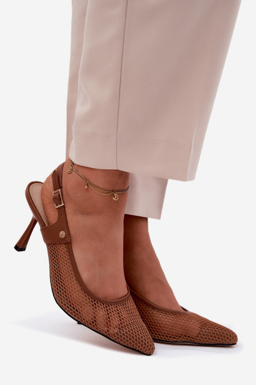 Kožené Prelamované sandále Topánky Dámske s tenkými podpätkami Máciejka K7507-29 Hnedá farba