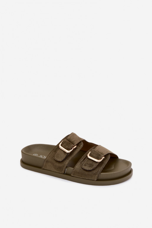 Khaki šľapky so zlatými sponami Pelorin