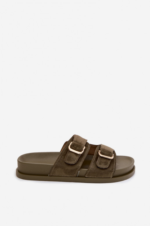 Khaki šľapky so zlatými sponami Pelorin