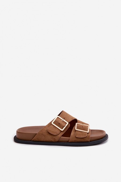 Dámske papučeImitacji zo semišuu zlatej farby s prackami Hnedá farba Selissea