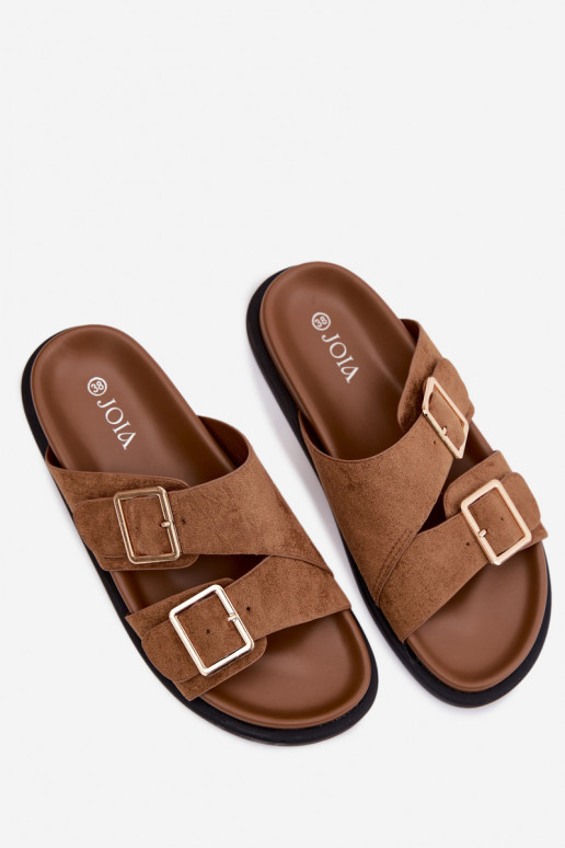 Dámske papučeImitacji zo semišuu zlatej farby s prackami Hnedá farba Selissea