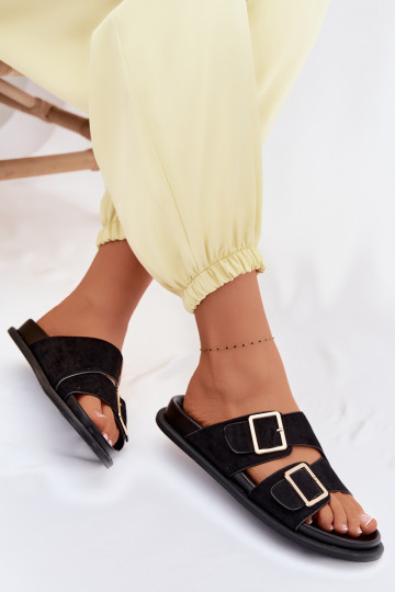 Dámske papučeImitacji zo semišuu zlatej farby s prackami čierna Selissea