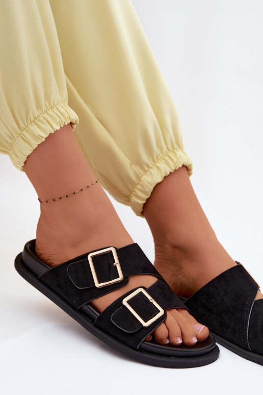 Dámske papučeImitacji zo semišuu zlatej farby s prackami čierna Selissea