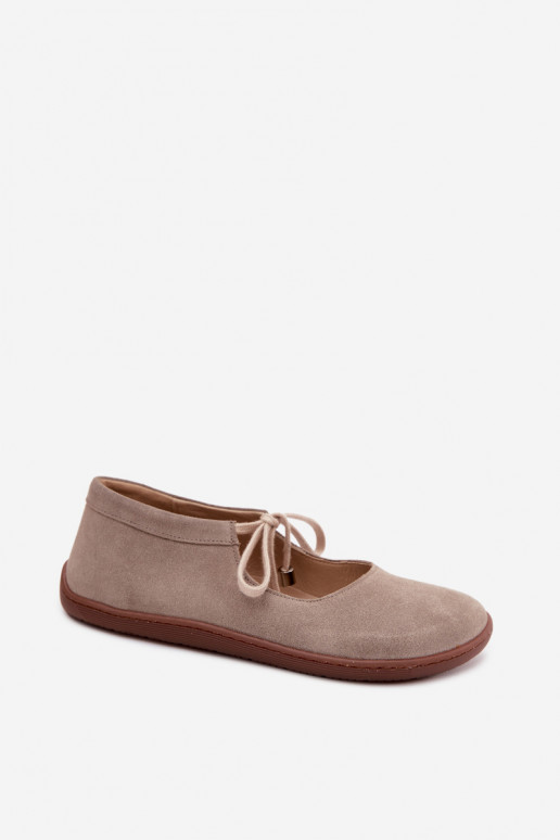 Zamszové kožené barefoot baleríny s pásikmi Zazoo 021, farba cappuccino