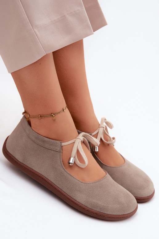 Zamszové kožené barefoot baleríny s pásikmi Zazoo 021, farba cappuccino
