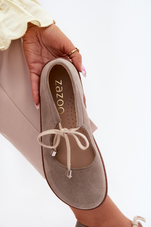 Kožené Semišové balerínky Barefoot s popruhmi Zazoo 021 farba cappuccino