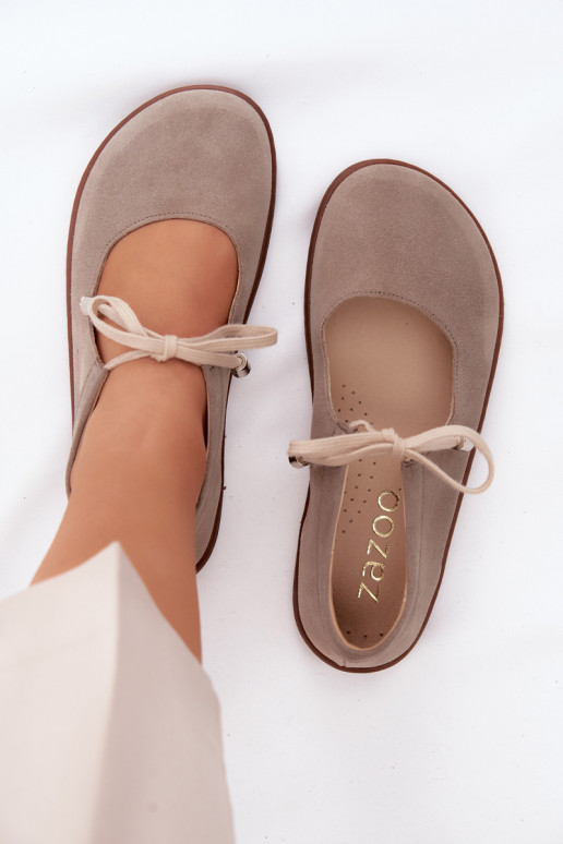 Zamszové kožené barefoot baleríny s pásikmi Zazoo 021, farba cappuccino
