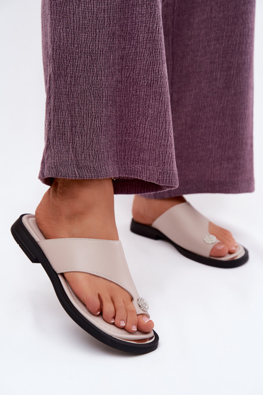 Kožené papuče Plážové šľapky Dámske so širokými podpätkami Vinceza 62307 béžová