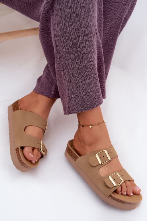 Kožené Dámske semišové papuče s platformou s prackami Vinceza 102657 béžová