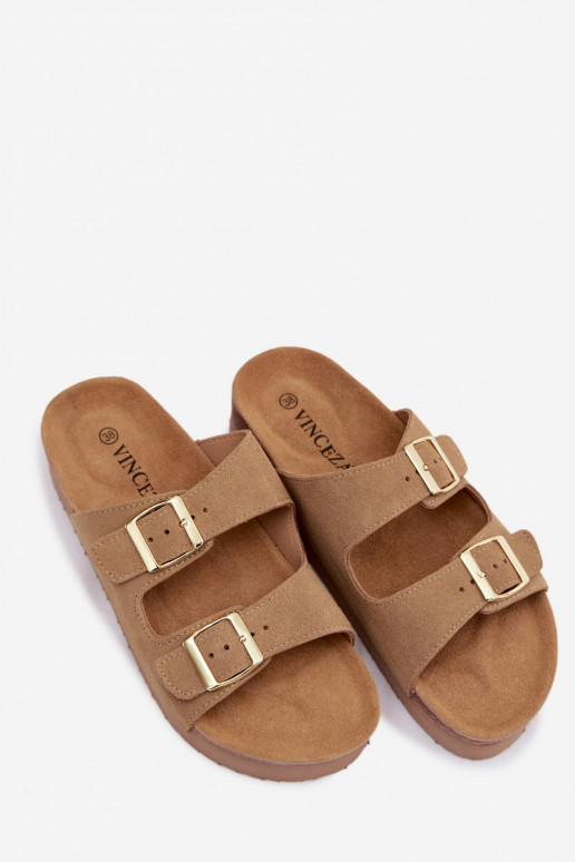 Kožené Dámske semišové papuče s platformou s prackami Vinceza 102657 béžová