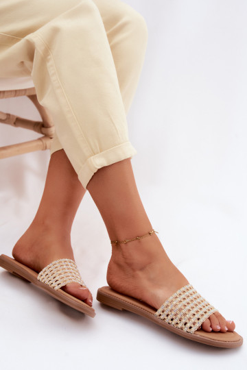 Papuče Dámsky byt s trblietavými otvormi béžová Fendi