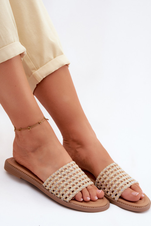 Papuče Dámsky byt s trblietavými otvormi béžová Fendi