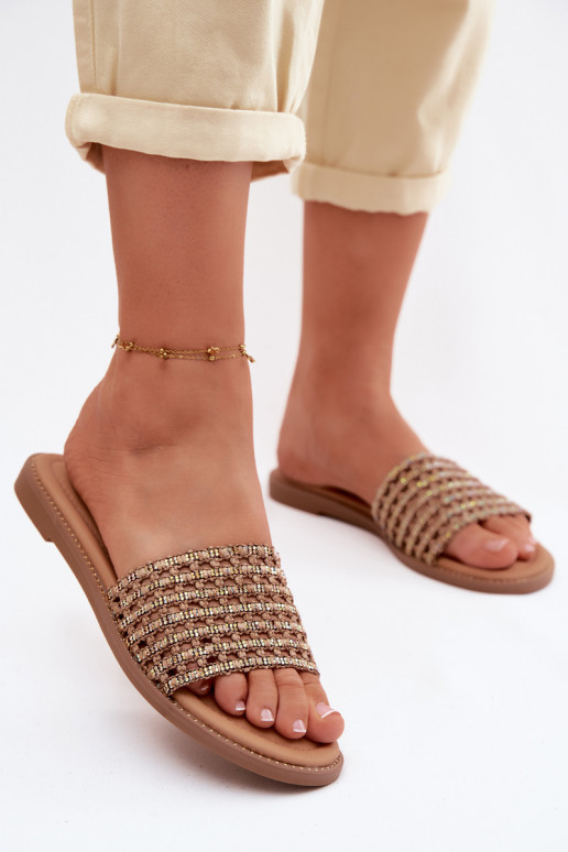 Papuče Dámsky byt s trblietavými otvormi Hnedá farba Fendi