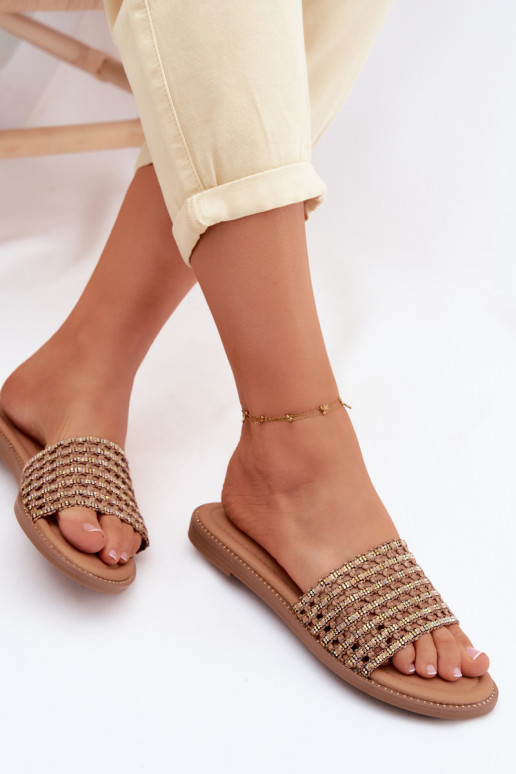 Papuče Dámsky byt s trblietavými otvormi Hnedá farba Fendi