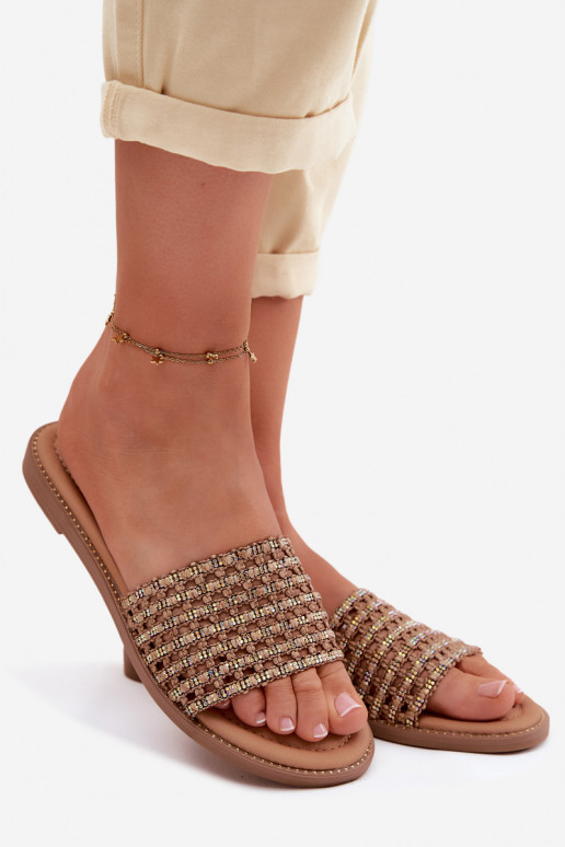 Papuče Dámsky byt s trblietavými otvormi Hnedá farba Fendi