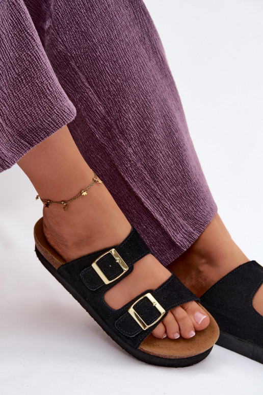 Kožené Dámske semišové papuče s platformou s prackami Vinceza 102657 čierna