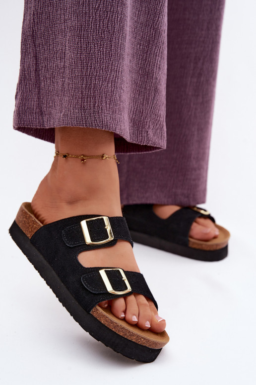 Kožené Dámske semišové papuče s platformou s prackami Vinceza 102657 čierna