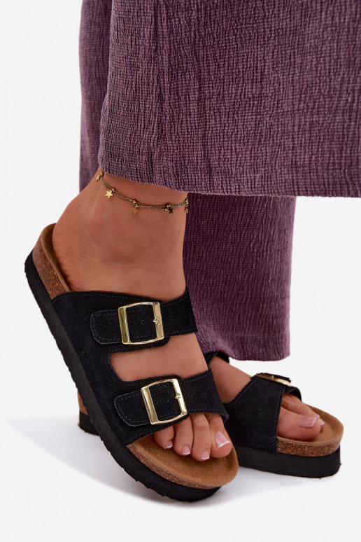 Kožené Dámske semišové papuče s platformou s prackami Vinceza 102657 čierna