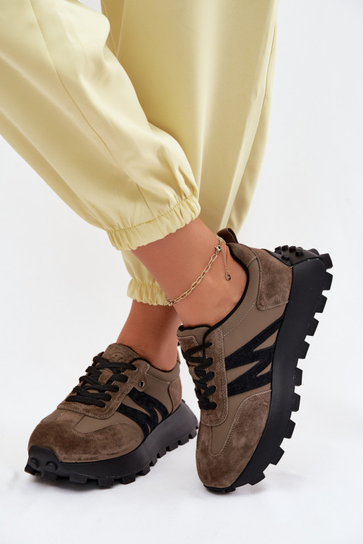 Kožené zo semišu Tenisky model obuvi Dámske s platformou Vinceza 41520 khaki farby