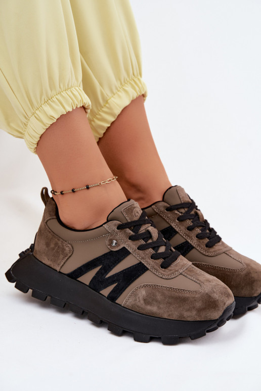 Kožené zo semišu Tenisky model obuvi Dámske s platformou Vinceza 41520 khaki farby