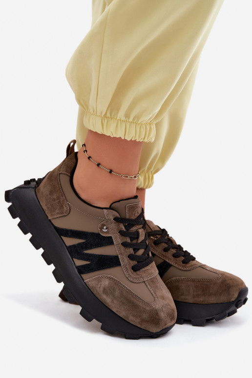 Kožené zo semišu Tenisky model obuvi Dámske s platformou Vinceza 41520 khaki farby