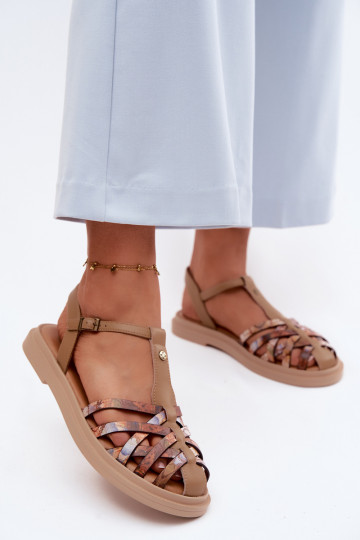 Kožené Sandále pre ženy S pruhmi Máciejka K7442-04 béžová