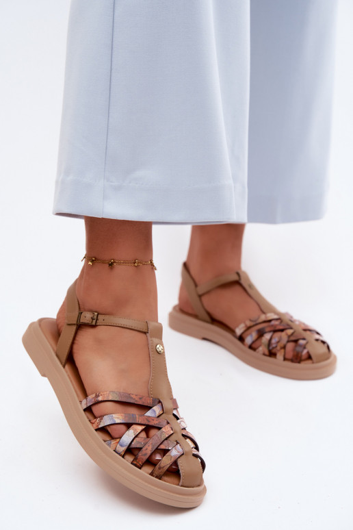 Kožené Sandále pre ženy S pruhmi Máciejka K7442-04 béžová