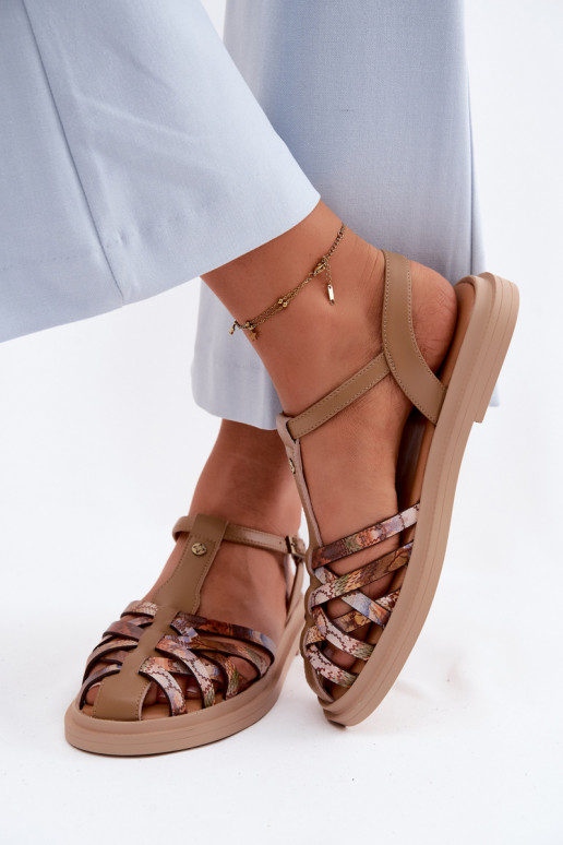 Kožené Sandále pre ženy S pruhmi Máciejka K7442-04 béžová