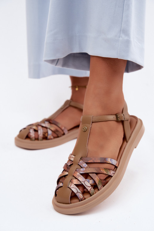 Kožené Sandále pre ženy S pruhmi Máciejka K7442-04 béžová