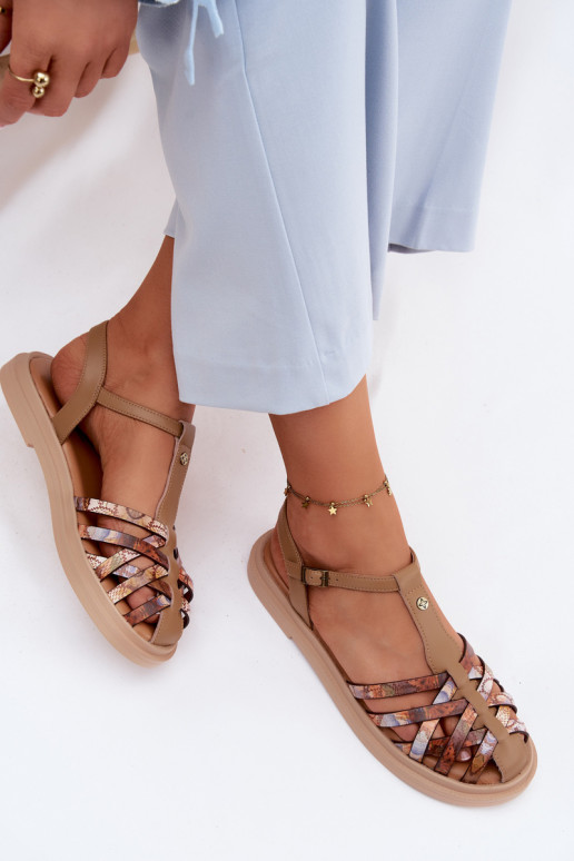Kožené Sandále pre ženy S pruhmi Máciejka K7442-04 béžová